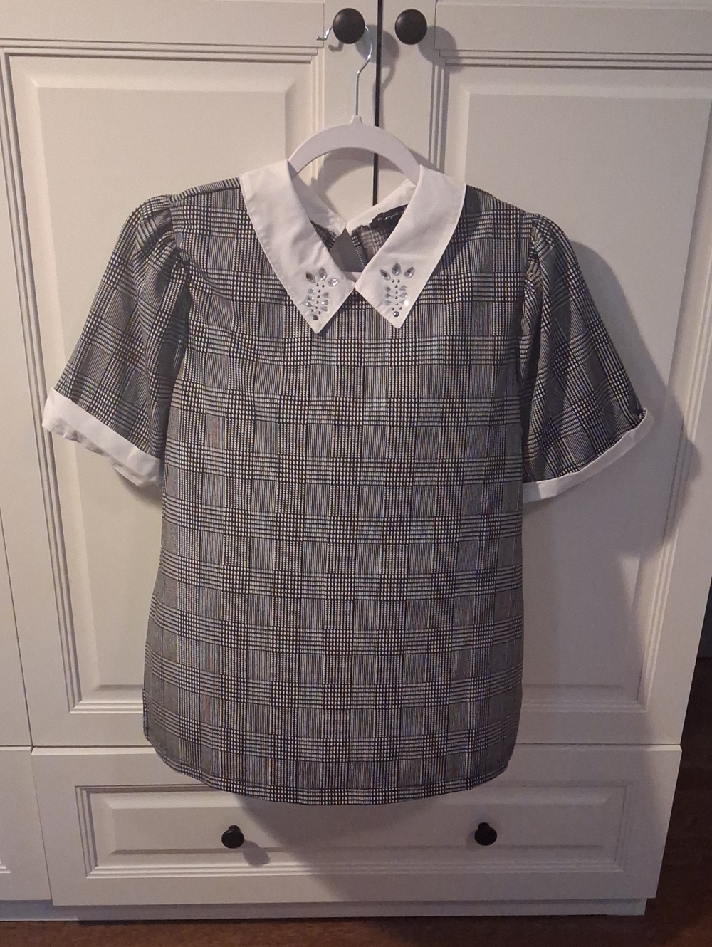 Black & White Plaid Top with Embellished Peter Pan Collar